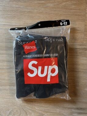 Hanes Black Crew Cushion Socks with White Logo - 4 Pack